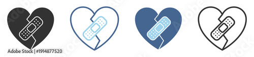 Broken heart with bandage icon, cardiology recovery and healthcare protection medical symbol on transparent background