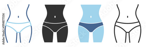 Female body in panties icon set, woman waist and hips silhouette, underwear and lingerie vector illustration isolated on transparent background