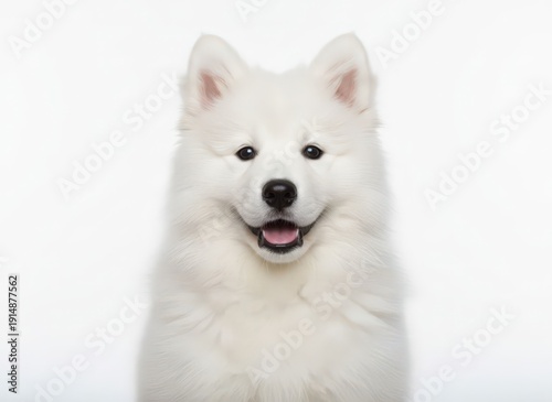 Wallpaper Mural A happy Samoyed dog with its mouth open and tongue out, looking directly at the camera, showcasing its joyful expression and white fur. Torontodigital.ca