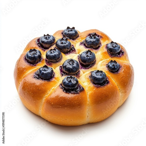 Bun bread with blueberry isolated on a white background, highlighting its rich, fruity topping.