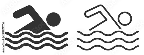 Swimmer in pool water, swimming sport freestyle silhouette and outline icon isolated on transparent background