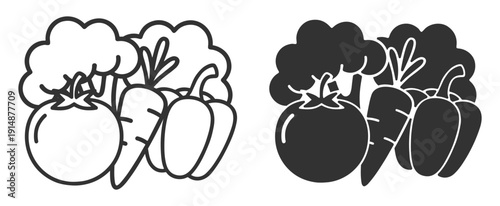 Fresh vegetables tomato broccoli pepper and carrot, healthy organic food outline icon isolated on transparent background