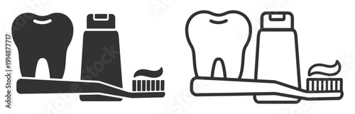 Tooth with toothpaste tube and toothbrush, dental oral hygiene silhouette and outline icon isolated on transparent background