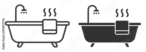 Bathtub with shower and towel, bathroom spa relaxation outline icon isolated on transparent background