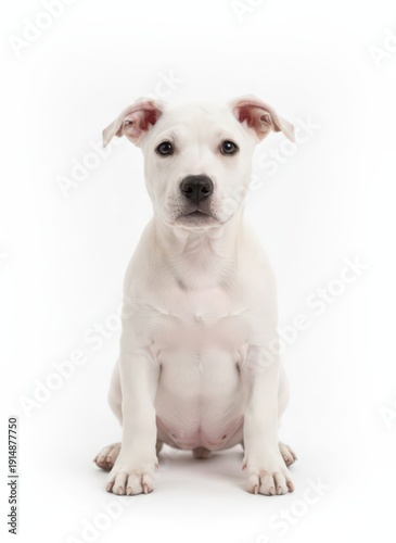 Wallpaper Mural A white puppy sitting calmly on a plain surface, viewed from the front, showcasing its adorable facial expression and posture Torontodigital.ca