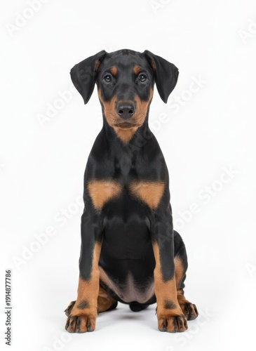 Wallpaper Mural A dobermann puppy sitting upright looking directly forward on a white background from a frontal viewpoint Torontodigital.ca