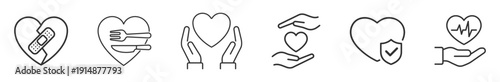 Healthcare and heart care icons set, medical protection insurance support symbols, outline vector illustration isolated on transparent background