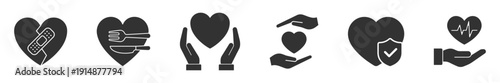 Medical and healthcare heart icons collection, protection insurance support and wellness symbols, solid silhouette vector illustration isolated on transparent background