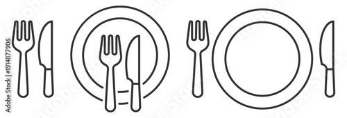 Restaurant and dining icon set, plate with fork and knife symbols in flat, outline and silhouette style collection on transparent background