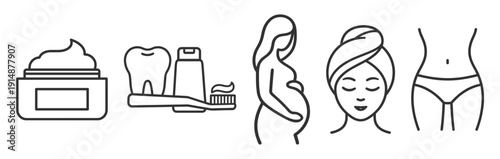 Beauty and spa outline icon set, cosmetic cream jar, toothpaste and toothbrush, pregnant woman, female face and slim waist symbols on transparent background