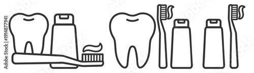 Oral hygiene icons collection, tooth, toothpaste tube and toothbrush in solid and outline design for dental clinic on transparent background