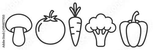 Healthy vegetable outline icon set, mushroom, tomato, carrot, broccoli and pepper food symbols on transparent background