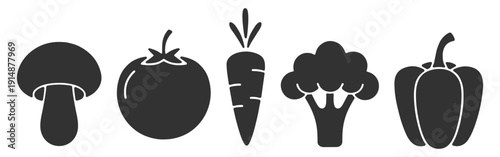 Vegetable food icons collection, mushroom, tomato, carrot, broccoli and pepper in line style for healthy nutrition design on transparent background