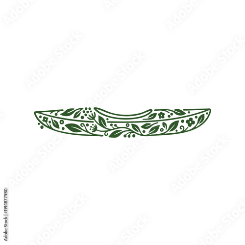 Eco-friendly kayak or canoe silhouette illustration with decorative floral and leaf patterns, representing sustainable water sports, green tourism, and organic outdoor adventure concept isolated