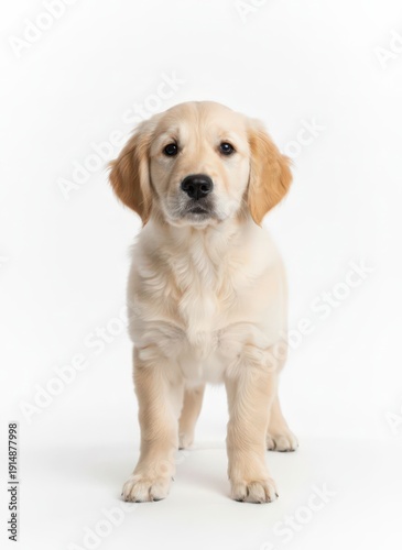 Wallpaper Mural Adorable puppy standing on a white floor, gazing directly at the camera with innocent eyes and a sweet expression Torontodigital.ca
