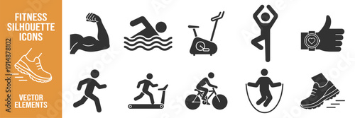 Fitness silhouette icons set, sport workout, running, cycling, swimming and gym exercise symbols on transparent background
