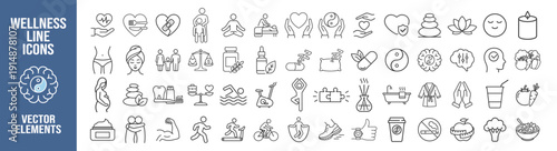 Beauty and wellness thin line icon set for health, mindfulness, balance and self care. Editable stroke vector pictograms of skincare, spa, fitness and relaxation on transparent background