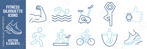 Fitness silhouette icons set, sport workout, running, cycling, swimming and gym training vector symbols on transparent background