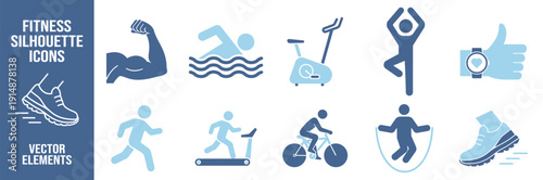 Sport and fitness silhouette icon collection, running, treadmill, cycling, swimming and gym exercise symbols on transparent background