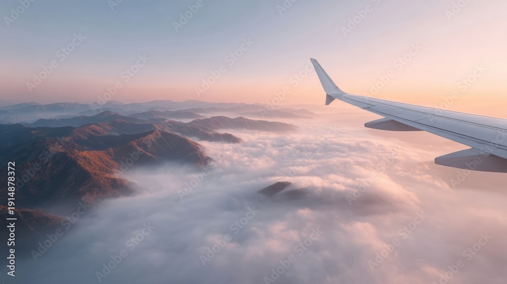 Obraz premium Airplane wing view from plane window over foggy mouth