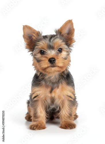 Wallpaper Mural A small Yorkshire Terrier puppy sitting and looking directly at the camera with a white background Torontodigital.ca
