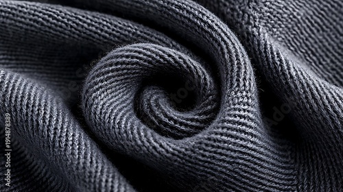 Close-up abstract spiral pattern of dark gray knitted fabric texture for backgrounds