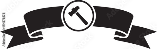 Black ribbon banner with hammer icon inside circle for design element