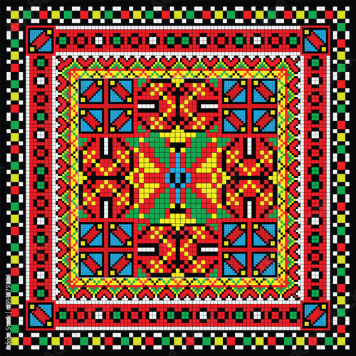 Geometric Cross-Stitch or Mosaic Pattern Design, Pixel Art Design Featuring Geometric Patterns in Red, Blue, Yellow, Green, and Black, Frame with Intricate Borders.