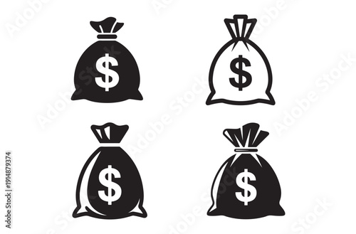 Money bag icon set with dollar sign representing wealth and investment bank deposits financial growth profit success and cash storage solutions for business presentations and apps