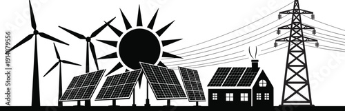 Black silhouette renewable energy landscape with wind turbines, solar panels and power transmission tower supplying electricity to residential house
