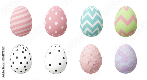 Set of eight decorative pastel Easter eggs with varied patterns arranged on a transparent background