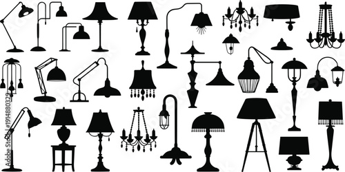 Collection of lamp silhouettes, vintage and modern table floor pendant and chandelier lights, black vector illustration set isolated on white background