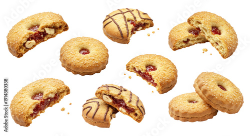 Assortment of round jam-filled sandwich cookies and shortbread biscuits, some whole and some bitten, with red berry jam centers, sugar coating and chocolate drizzle