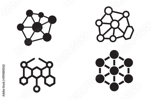 Network structure icons set, abstract digital connection symbols, science technology molecular diagram elements, geometric molecule design and data links graphics