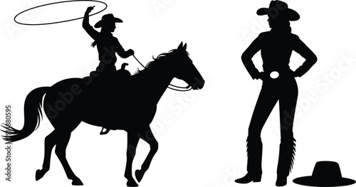 Cowgirl silhouette riding horse with lasso, western rodeo woman in cowboy hat and boots, black vector illustration isolated on white background