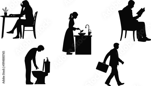 Daily life people silhouettes collection, woman working at desk, cooking in kitchen, man reading book and businessman walking with briefcase, black vector illustration set