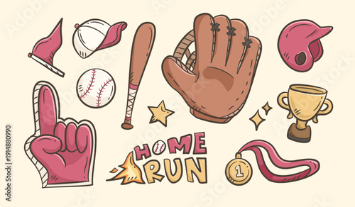 Baseball doodle set. Collection of Baseball equipments hand drawn illustration. Softball item kits vector elements. Scribble of ball, gloves, bat, helmet, home run, medal, cup, trophy, cap.