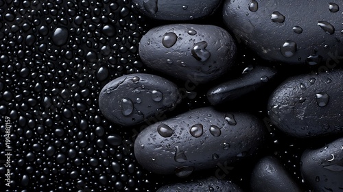 Close up of dark wet spa stones with water droplets on a textured background
