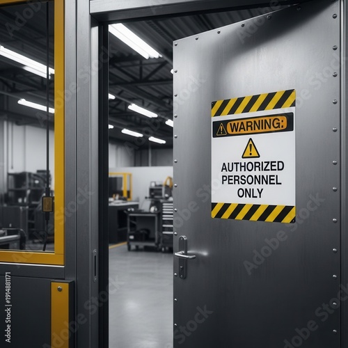 Industrial Warning Sign on Factory Doorway Emphasizing Restricted Access and Safety Protocols
