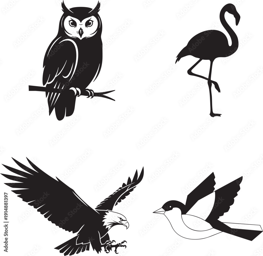 Fototapeta premium A set of wild vector birds featuring black silhouettes and cute cartoon illustrations of a flying eagle, crow, and dove with elegant wings and feathers isolated on a nature background