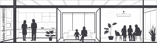 Modern open plan house interior with family silhouettes in kitchen living and dining area, architectural cutaway section illustration design