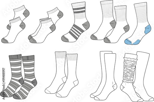 Men and Women Casual Sock Collection Technical Sketch Vector Illustration Featuring Ankle Crew Quarter and Knee High Styles for Apparel Design