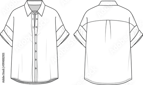 Technical Flat Sketch of Men's Short Sleeve Button Down Oversized Shirt Featuring Front and Back Views for Fashion Design Templates