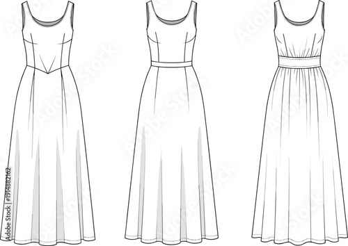 Technical Flat Sketch of Women's Sleeveless Maxi Dress Collection Featuring Scoop Neckline and A-line Silhouette for Fashion Design Templates