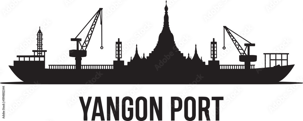 Obraz premium Yangon port vector silhouette of maritime cargo vessel with traditional burmese temple design