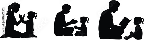 Parent and child silhouettes playing and reading together, family bonding moments with mother father and daughter, black vector illustration isolated on white background