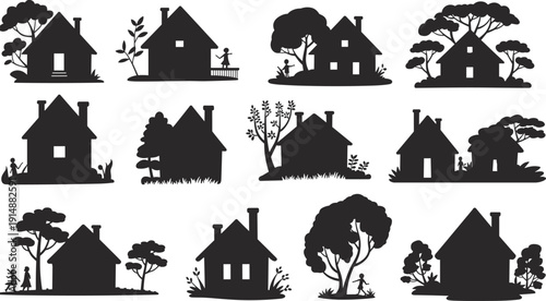 Set of house silhouettes with trees and children, residential cottage icons collection, black village homes isolated on white background vector illustration