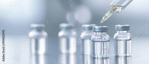 The Vaccine Vials and Syringe on a Reflective Medical Surface for Research