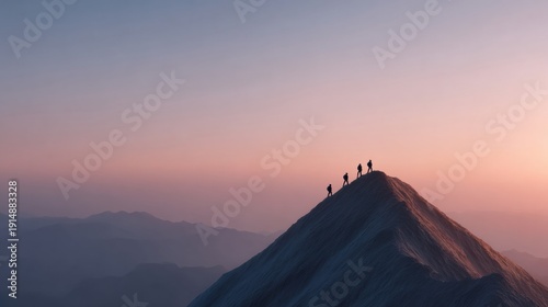 A team of business hikers silhouetted against