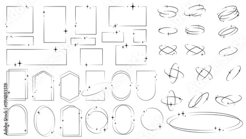 Large set of glitter design elements oval orbits, square, rectangular, round frames. Sparkling glitter frame. Modern minimalist star templates. Stylized orbit line with sparkles. Vector graphics